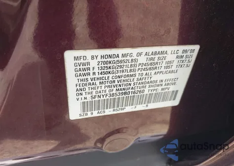 2009 Honda Pilot Ex-L из США, поврежденный, VIN 5FNYF38539B016260